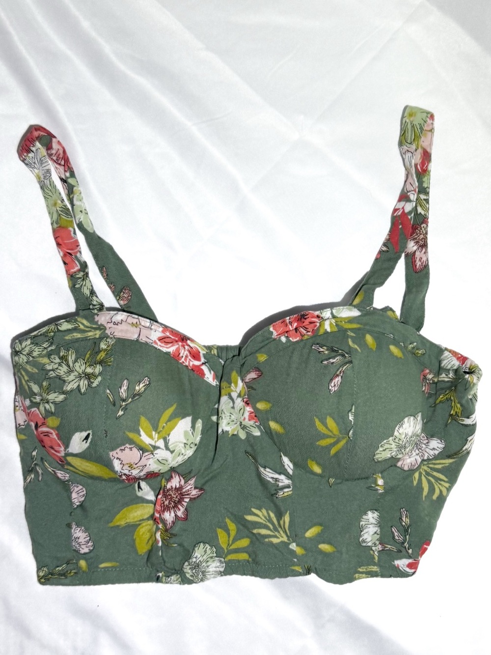 BOG Collective Floral Bustier Crop Top Green Smocked Back Size S